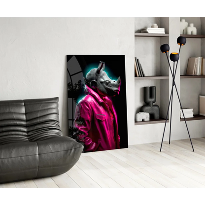 Vibrant pink jacketed rhino in neon cyberpunk glass wall art canvas print