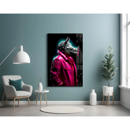 Neon Rhino cyberpunk glass wall art with headphones and pink jacket