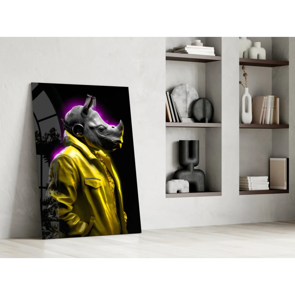Neon Rhino DJ glass wall art canvas print with yellow jacket