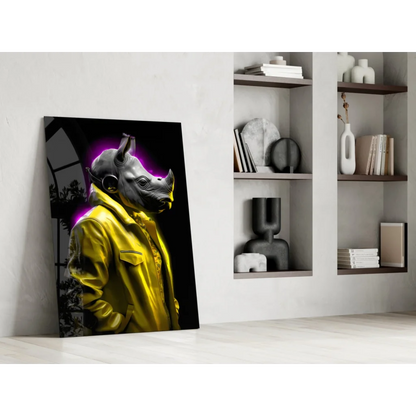 Neon Rhino DJ glass wall art canvas print with yellow jacket