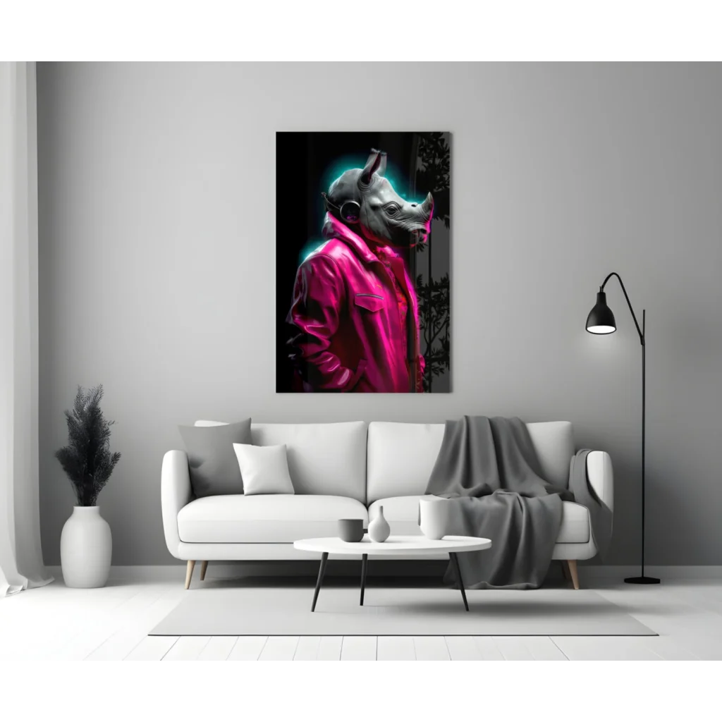 Vibrant pink jacketed rhino in neon-lit cyberpunk glass wall art canvas