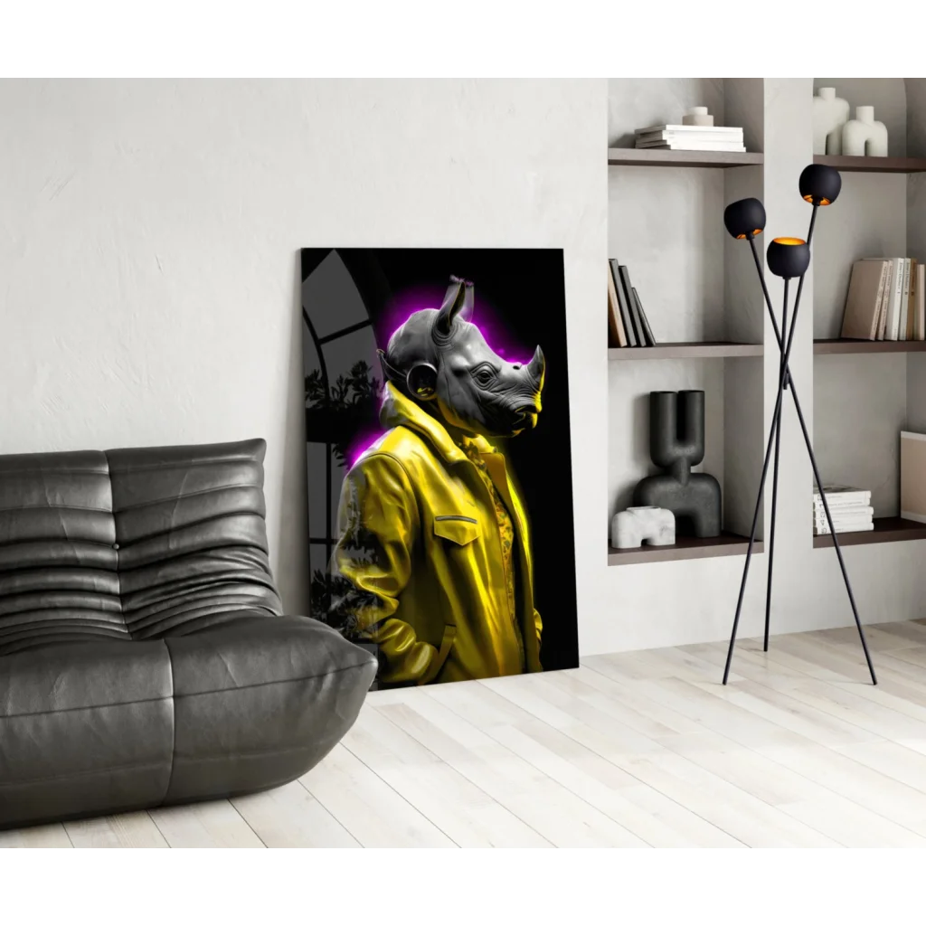Vibrant yellow jacketed rhino in neon purple glow on glass wall art canvas