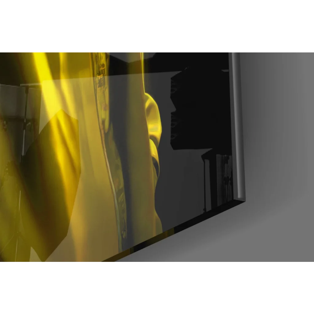 Sleek curved Neon Rhino DJ glass wall art with gold surface