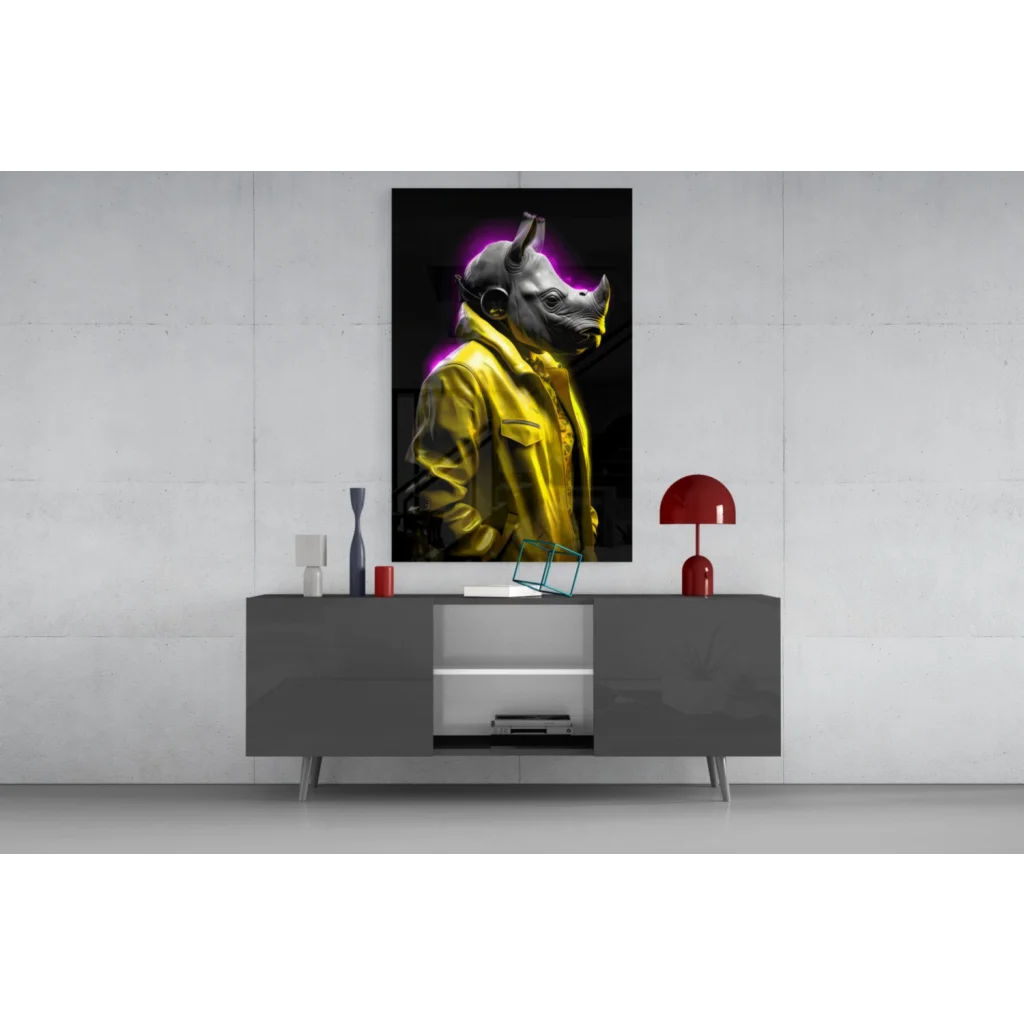 Neon Rhino DJ glass wall art canvas print with yellow jacket