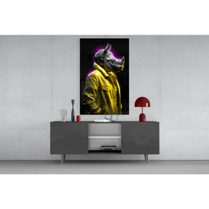 Neon Rhino DJ glass wall art canvas print with yellow jacket