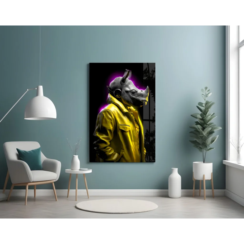 Neon Rhino DJ Glass Wall Art Canvas Print | Contemporary Home Wall Art | vintageantiquesgifts.com