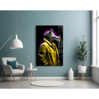 Neon Rhino DJ Glass Wall Art Canvas Print | Contemporary Home Wall Art | vintageantiquesgifts.com