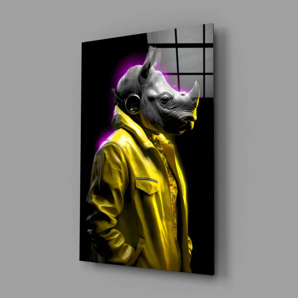 Neon Rhino DJ Glass Wall Art Canvas Print | Glass Wall Art Print | vintageantiquesgifts.com