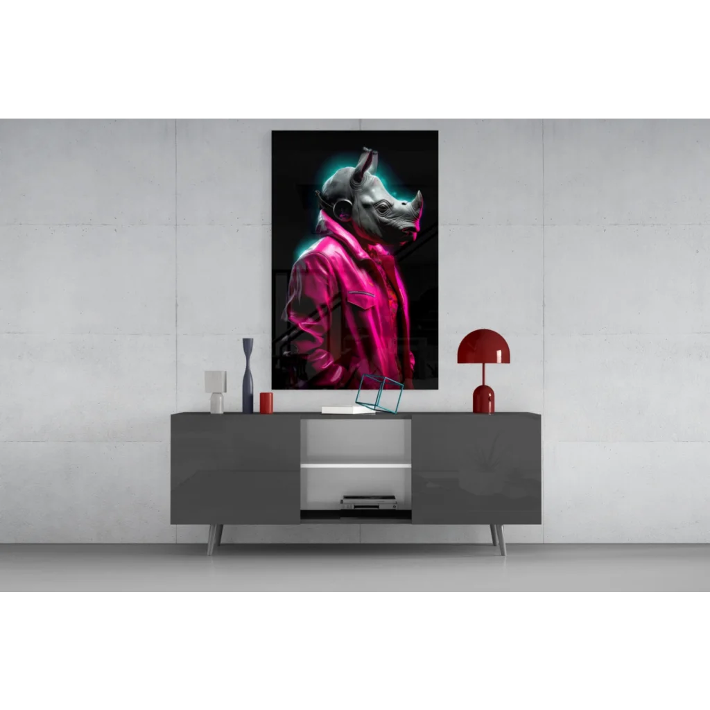 Vibrant pink jacketed rhino in neon cyberpunk glass wall art canvas print