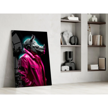 Stylized neon rhino in magenta jacket on cyberpunk glass wall art canvas print