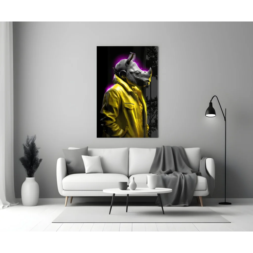 Neon Rhino DJ Glass Wall Art Canvas Print | Modern Wall Art Decor | vintageantiquesgifts.com