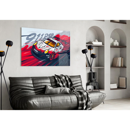 Vibrant Porsche 911 RSR red white race car glass wall art print