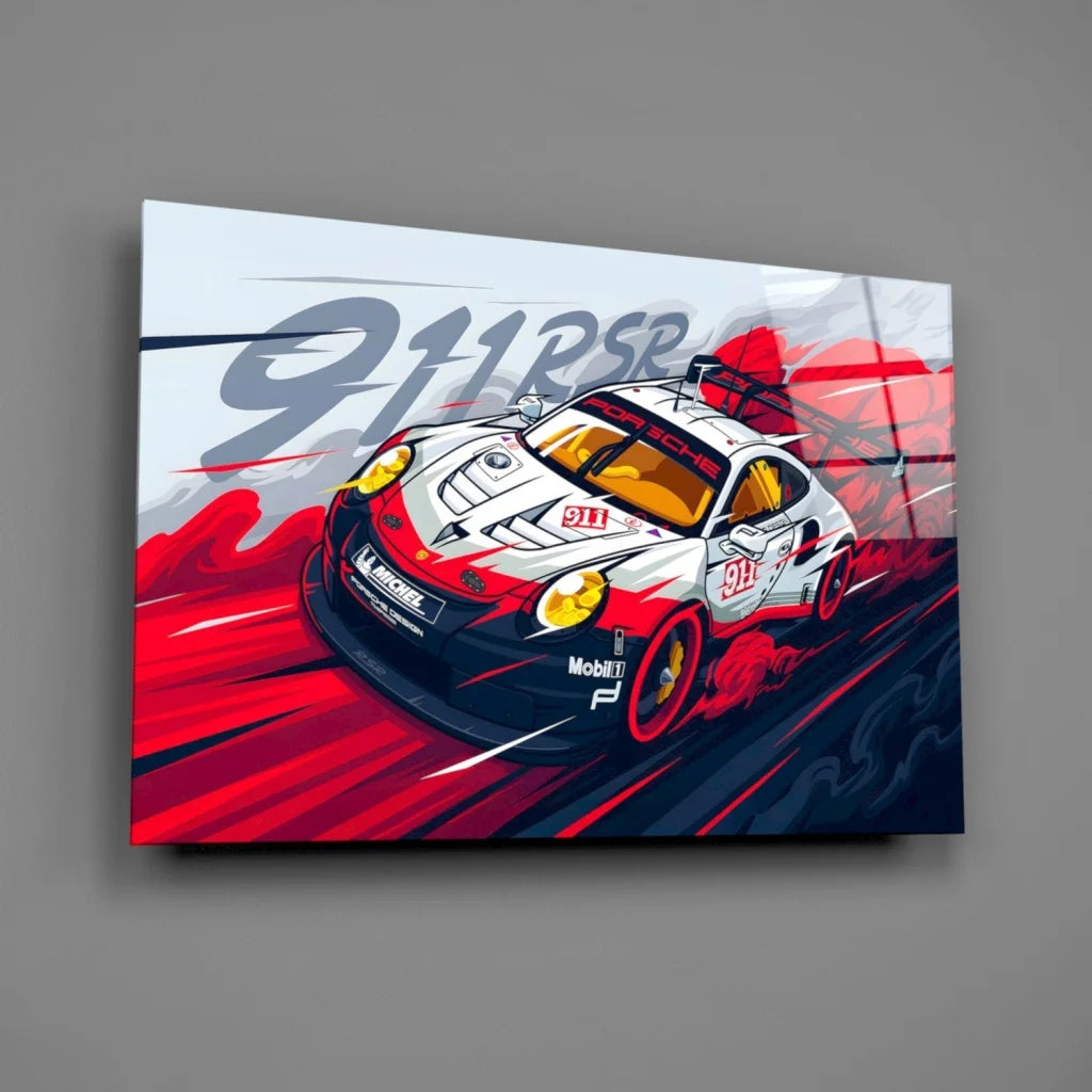 White and red Porsche 911 RSR race car on glossy glass wall art canvas