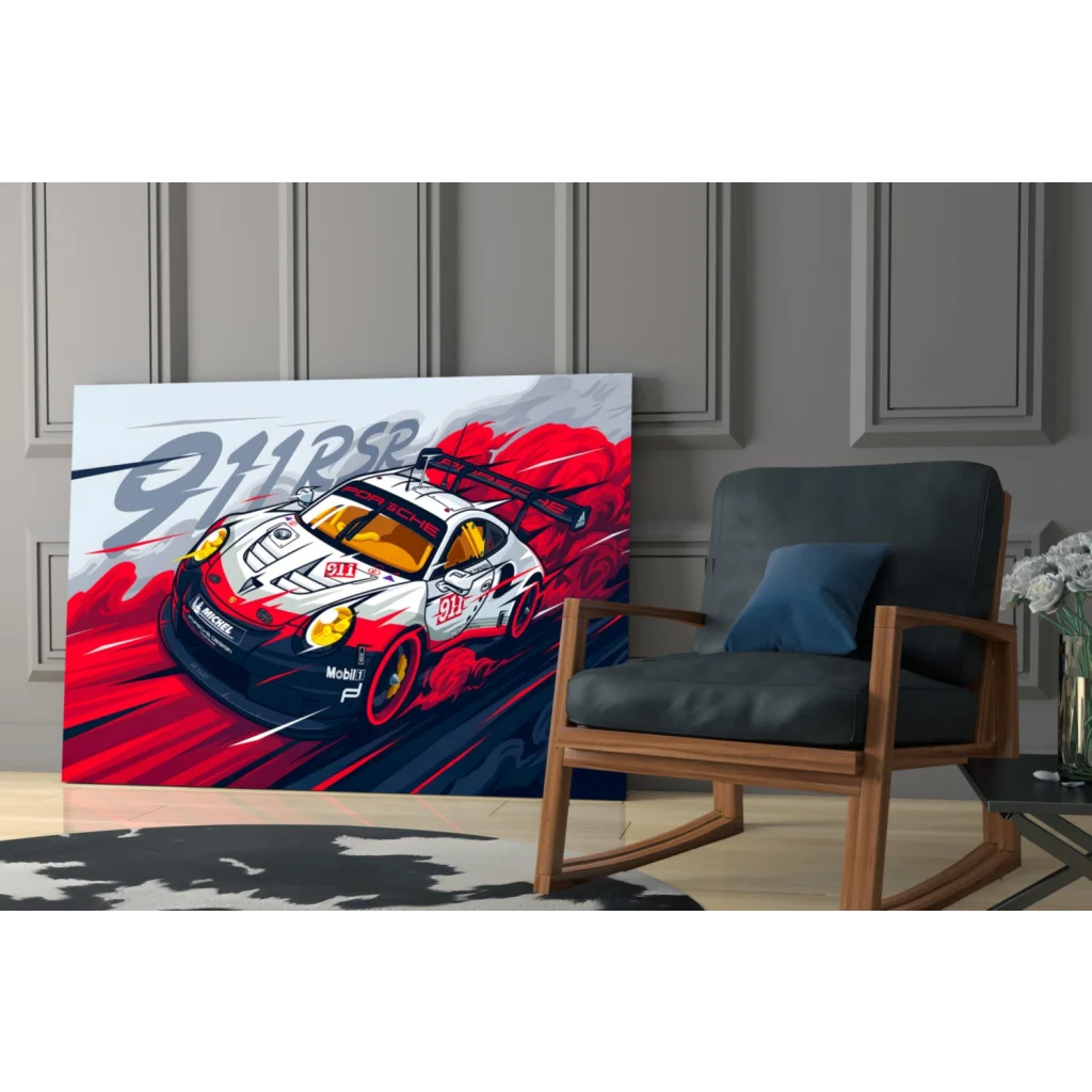 Vibrant Porsche 911 RSR race car on red white glass wall art print