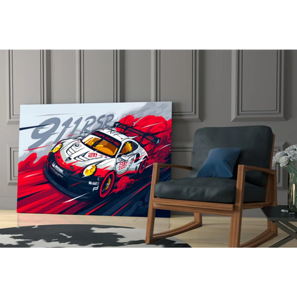 Vibrant Porsche 911 RSR race car on red white glass wall art print
