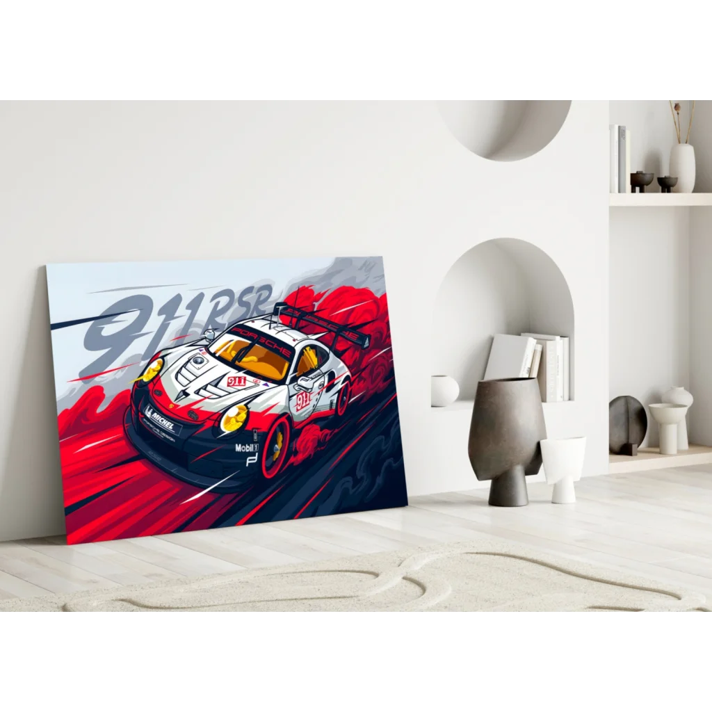 Vibrant Porsche 911 RSR red racing car glass wall art print
