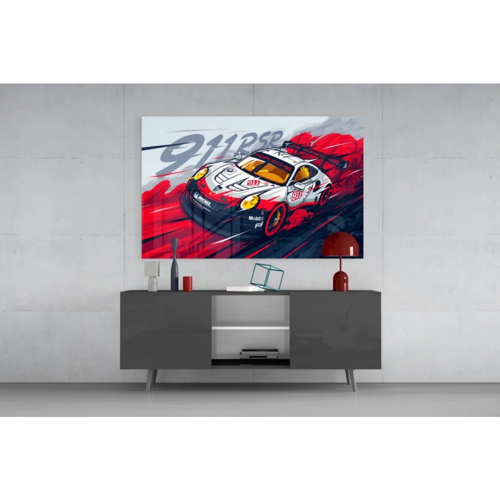Vibrant red and white Porsche 911 RSR race car on glass wall art canvas