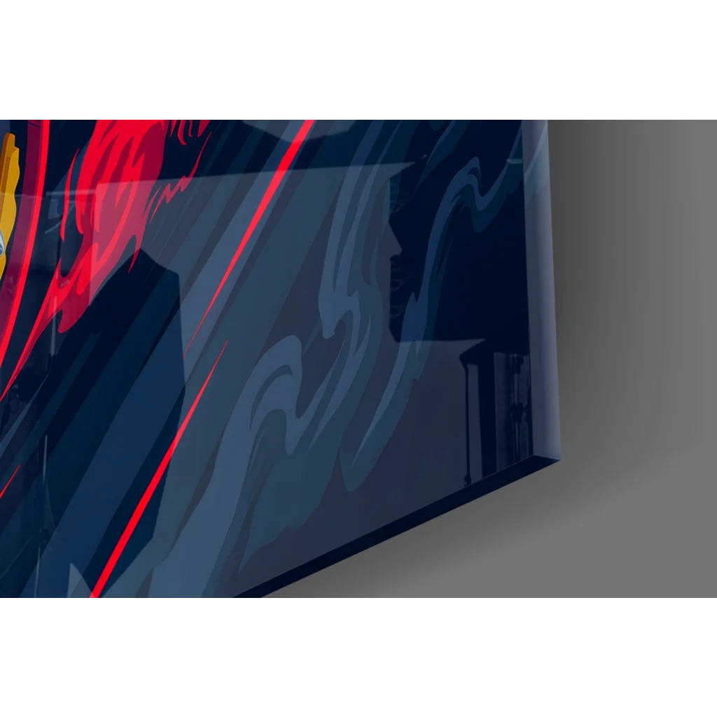 Vibrant red and blue Porsche 911 RSR glass wall art print