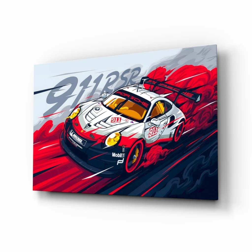 White and red Porsche 911 RSR race car on glass wall art with racing stripes