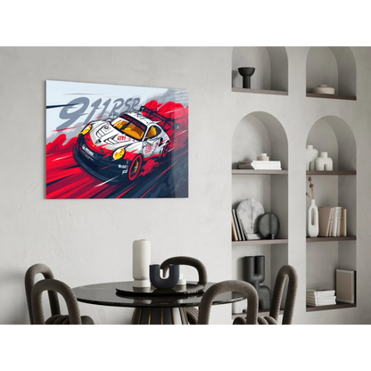 Vibrant Porsche 911 RSR red white race car glass wall art print