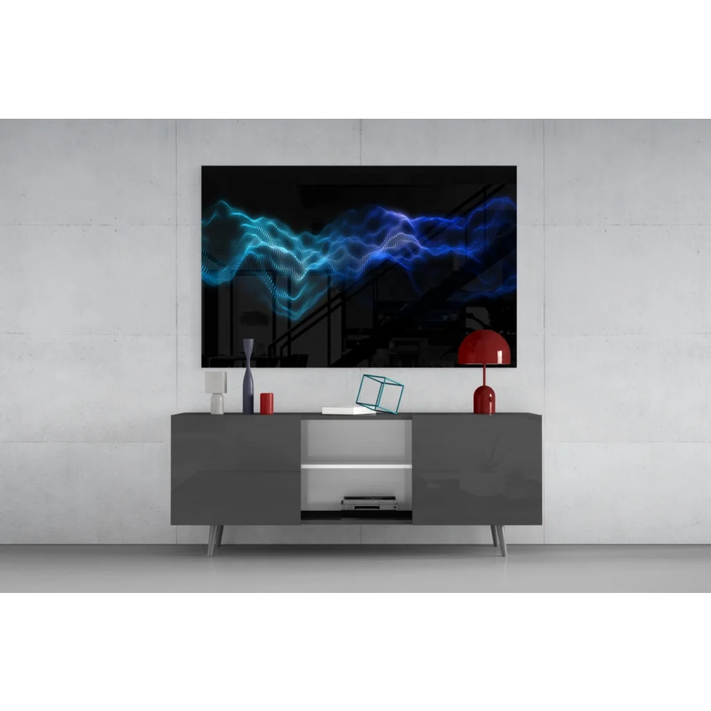 Sleek black TV showing vibrant blue cyan waves in Glowing Blue Wave glass wall art