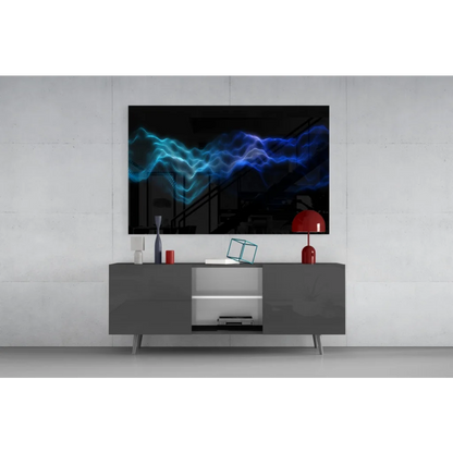 Sleek black TV showing vibrant blue cyan waves in Glowing Blue Wave glass wall art