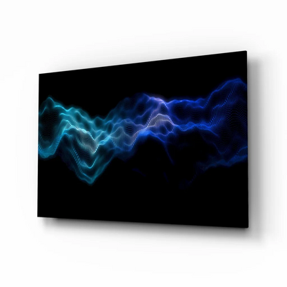 Sleek black canvas with glowing blue wave digital particles in glass wall art