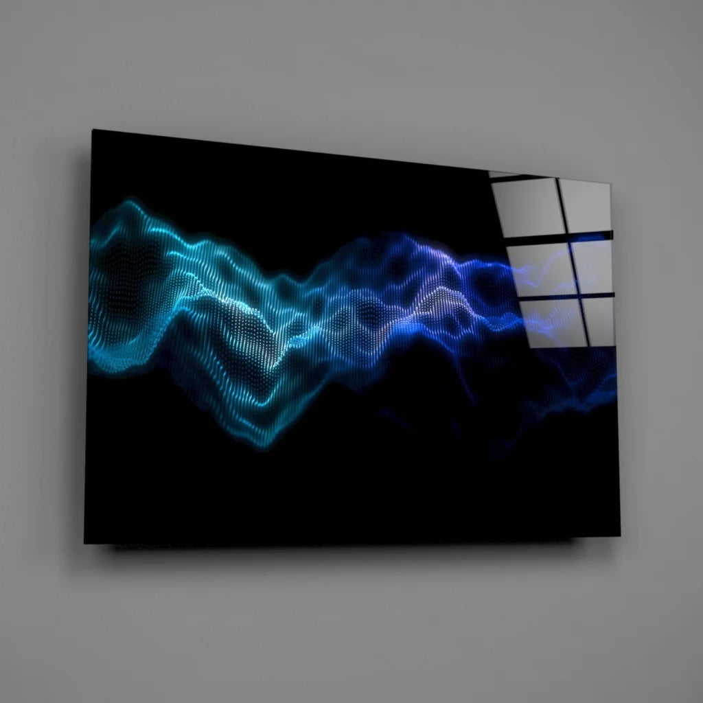 Sleek glowing blue wave glass wall art canvas with cyan dots