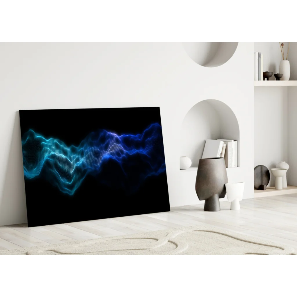 Vibrant blue teal wave patterns on black in Glowing Blue Wave Digital Glass Wall Art Canvas