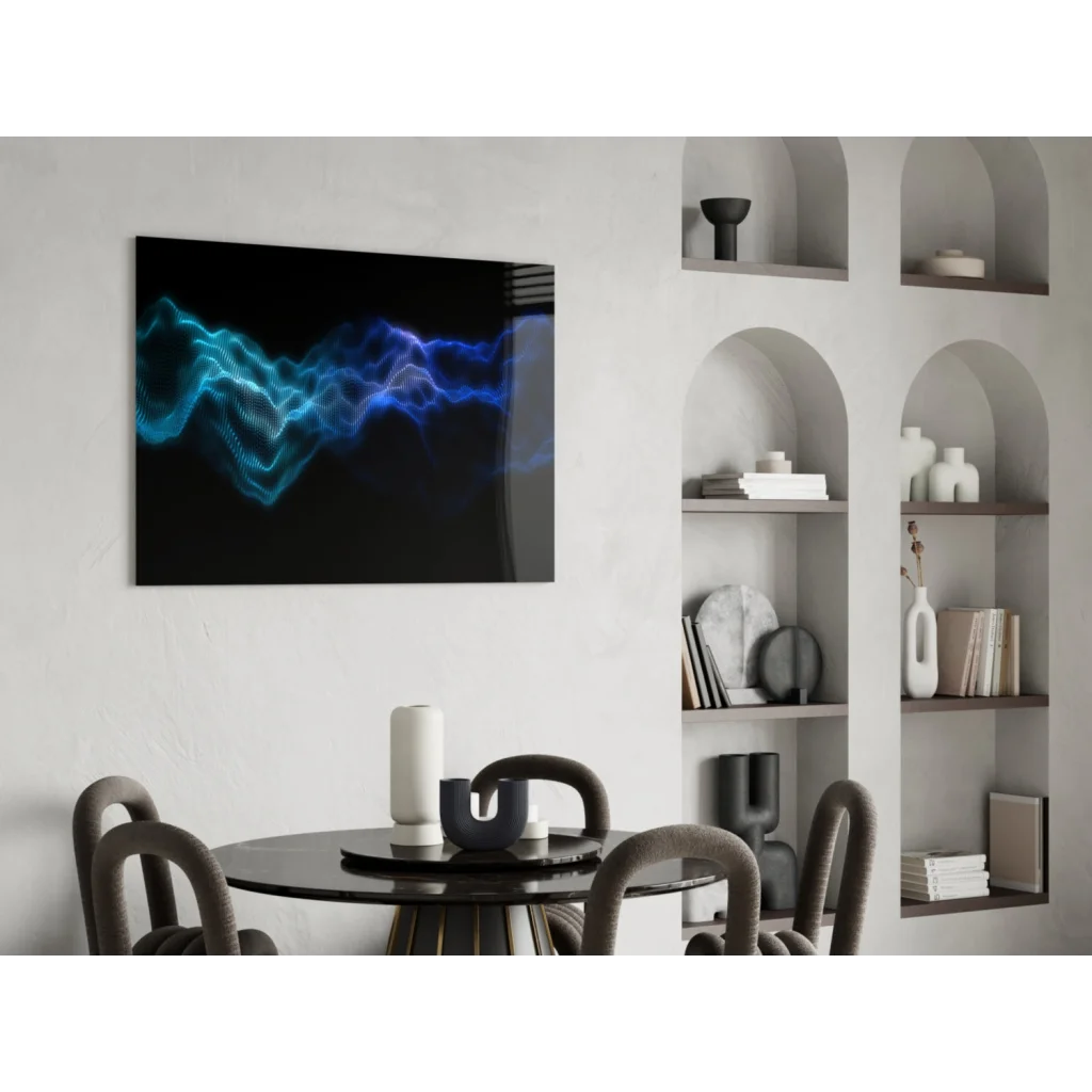 Sleek black-framed glowing blue wave glass wall art canvas