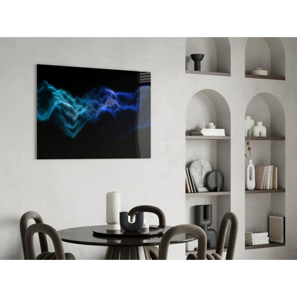 Sleek black-framed glowing blue wave glass wall art canvas