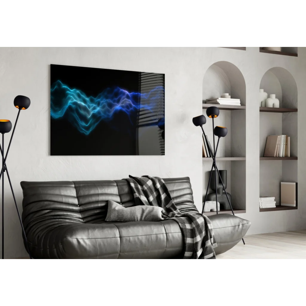 Glowing blue wave glass wall art canvas with vibrant cyan patterns on black