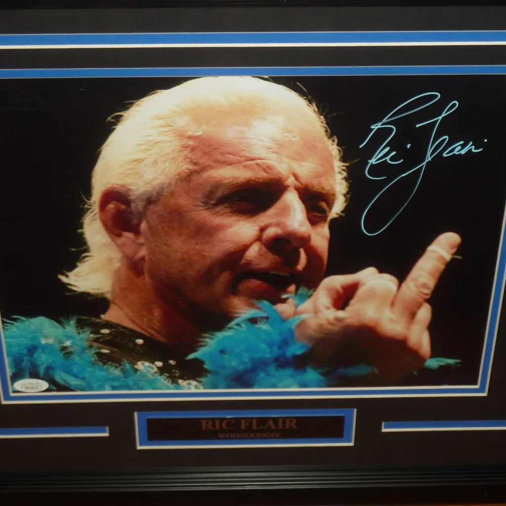 Ric Flair signed deluxe framed 11x14 photo in blue feathered outfit