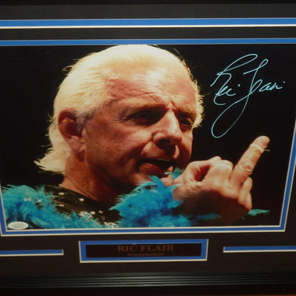 Ric Flair signed deluxe framed 11x14 photo in blue feathered outfit