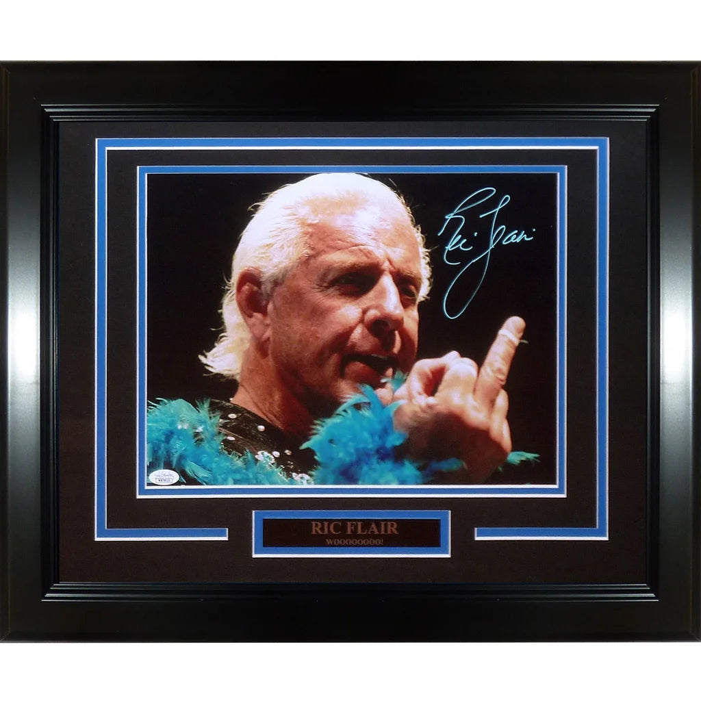 Ric Flair signed deluxe framed 11x14 photo in blue feathered outfit