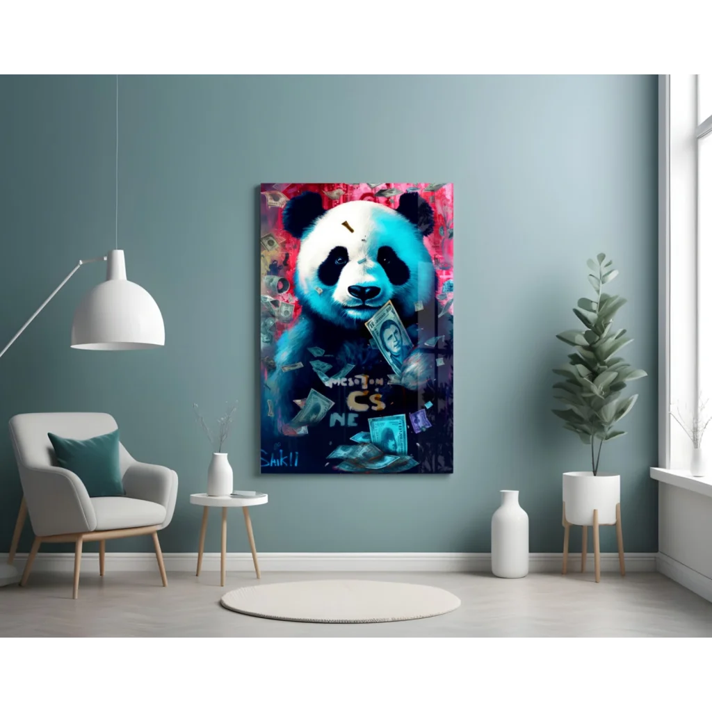 Money Panda Glass Wall Art With Graffiti Vibes | Contemporary Home Wall Art | vintageantiquesgifts.com