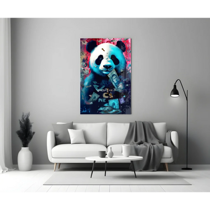 Money Panda Glass Wall Art With Graffiti Vibes | Modern Wall Art Decor | vintageantiquesgifts.com