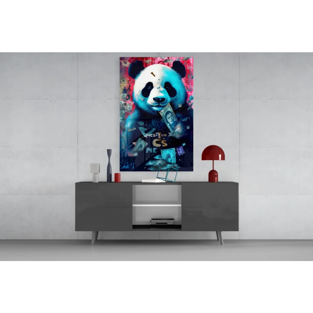 Vibrant graffiti panda with money on glass wall art
