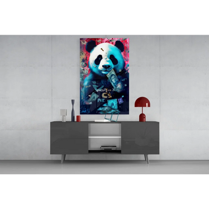 Vibrant graffiti panda with money on glass wall art