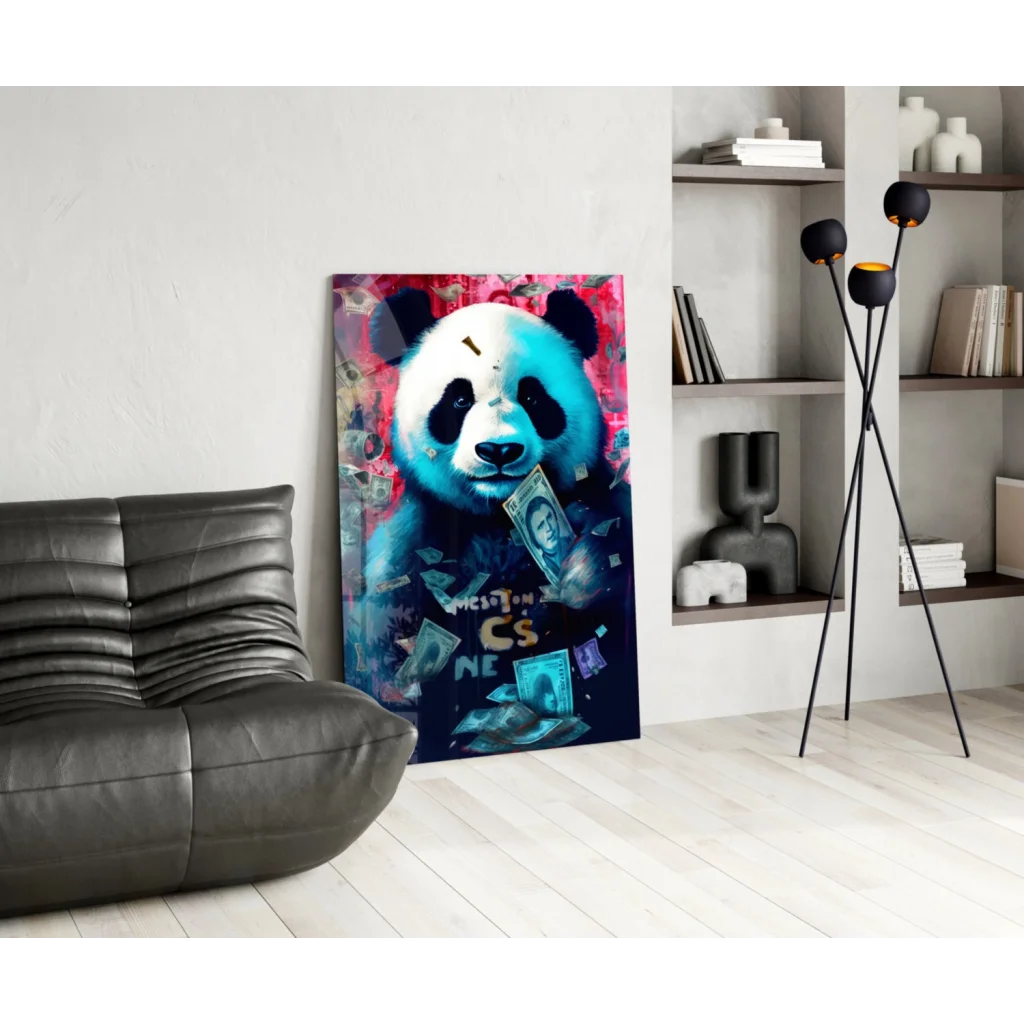 Vibrant blue pink abstract panda glass wall art with money graffiti vibes