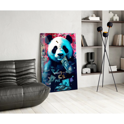 Vibrant blue pink abstract panda glass wall art with money graffiti vibes