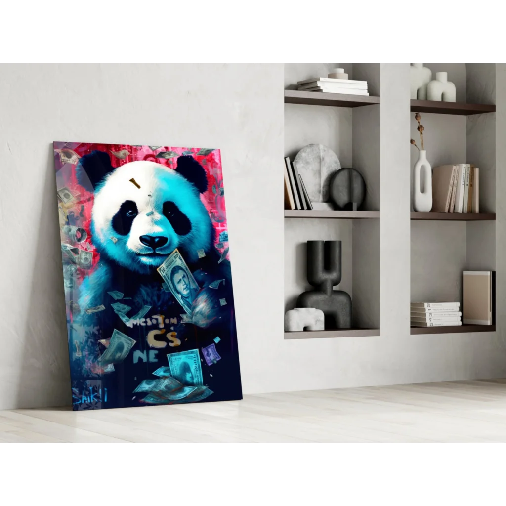 Vibrant graffiti panda glass wall art with dollar bills on pink background