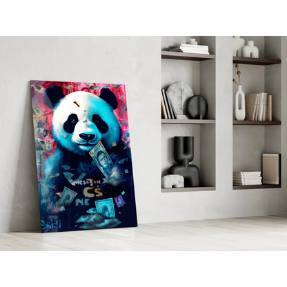 Vibrant graffiti panda glass wall art with dollar bills on pink background