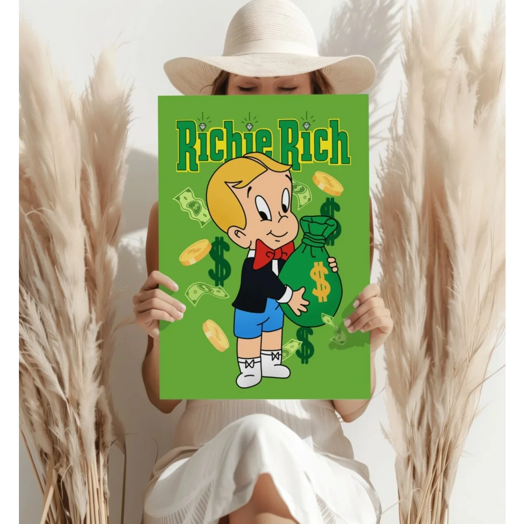 Richie Rich money bag insigne aluminum print with green poster and dollars