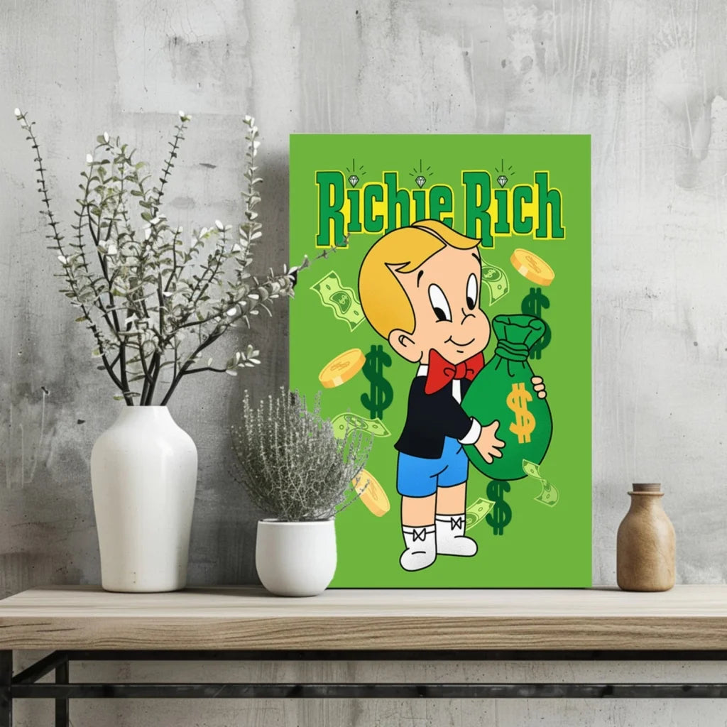 Richie Rich money bag on insigne aluminum print with green canvas dollars