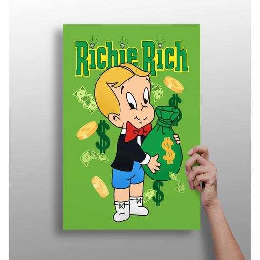 Richie Rich in suit with money bag on insigne aluminum print
