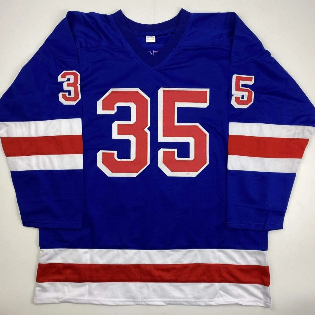 Blue long-sleeved custom jersey with red white stripes for professional sports league fans