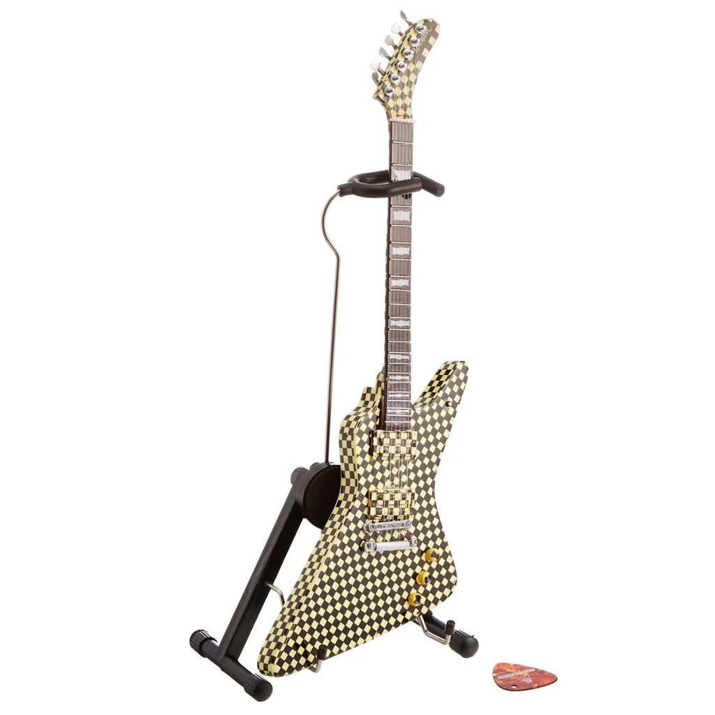 Gold and black houndstooth Axe Heaven guitar replica with stand