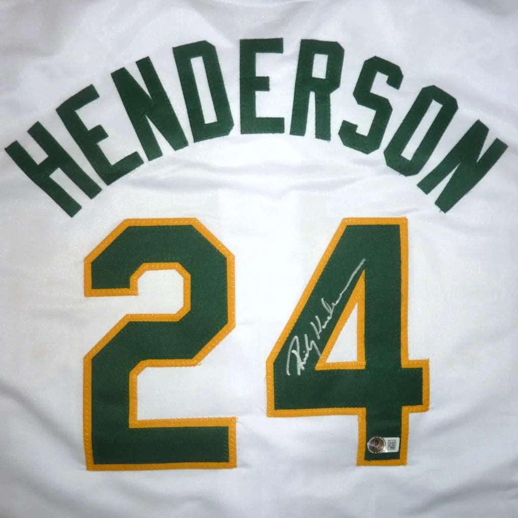 Rickey Henderson signed white custom jersey with green gold 24