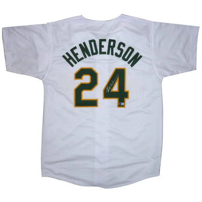 Rickey Henderson autographed custom jersey, Oakland Athletics white with green yellow lettering